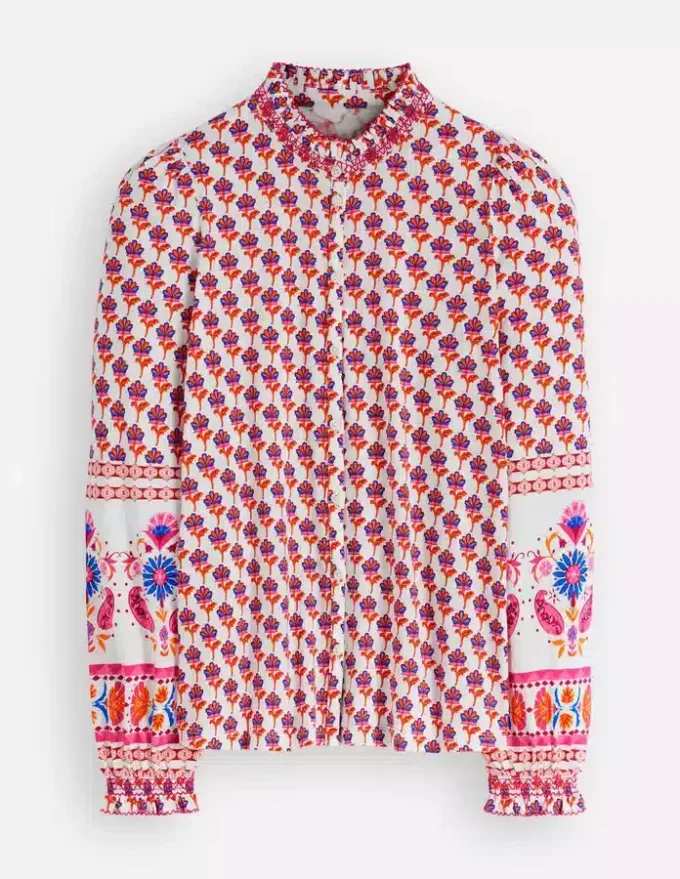 Effie Smocked Detail Shirt Multi, Meadow Stamp Placement Effie Smocked Detail Shirt Multi, Meadow Stamp Placement