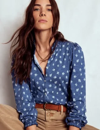 Effie Smocked Detail Shirt True Navy, Flower Press Small