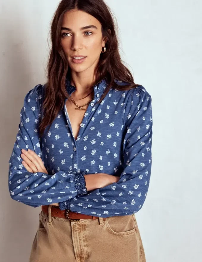Effie Smocked Detail Shirt True Navy, Flower Press Small Effie Smocked Detail Shirt True Navy, Flower Press Small