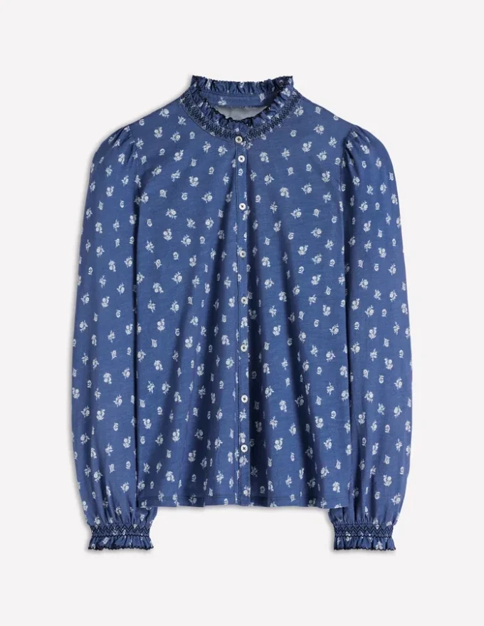 Effie Smocked Detail Shirt True Navy, Flower Press Small Effie Smocked Detail Shirt True Navy, Flower Press Small