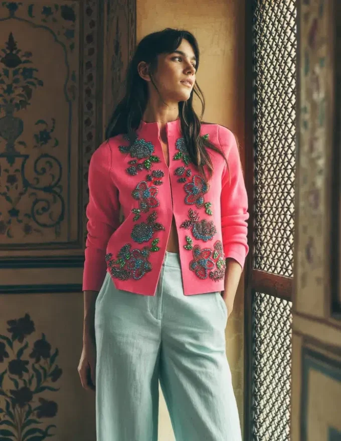 Elena Stand Neck Jacket Pink Embroidery Elena Stand Neck Jacket Pink Embroidery