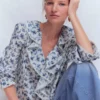 Eliza Ruffle V-Neck Blouse Tourmaline Blue, Dainty Vine Eliza Ruffle V-Neck Blouse Tourmaline Blue, Dainty Vine