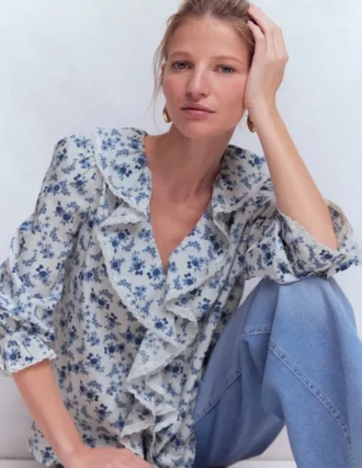 Eliza Ruffle V-Neck Blouse Tourmaline Blue, Dainty Vine