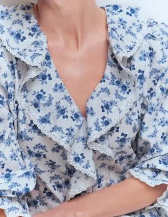 Eliza Ruffle V-Neck Blouse Tourmaline Blue, Dainty Vine