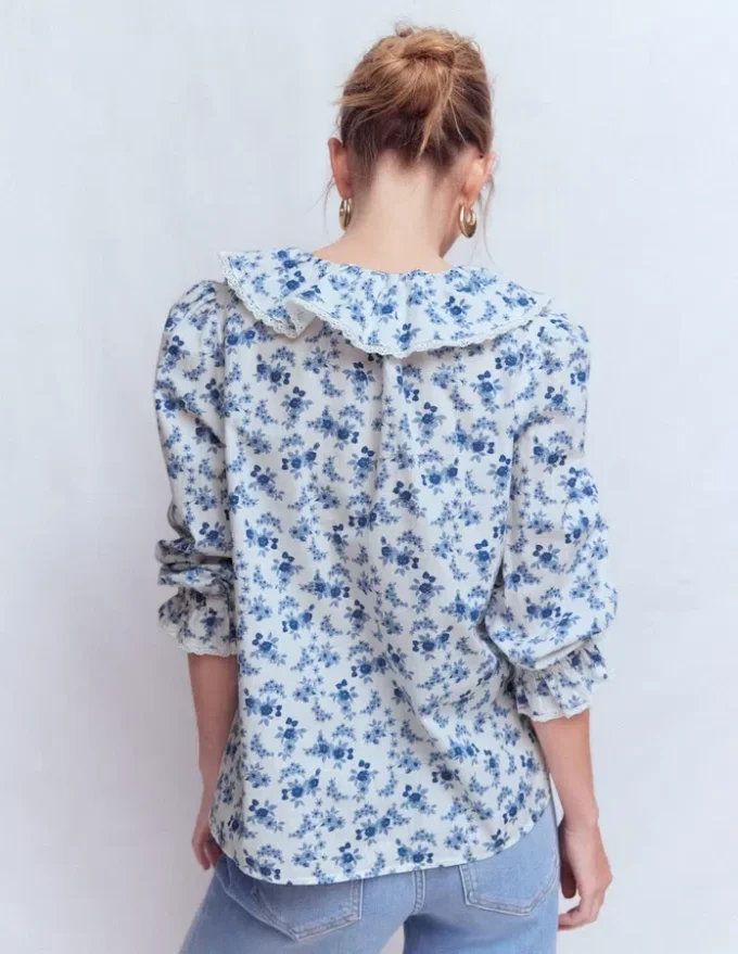 Eliza Ruffle V-Neck Blouse Tourmaline Blue, Dainty Vine Eliza Ruffle V-Neck Blouse Tourmaline Blue, Dainty Vine