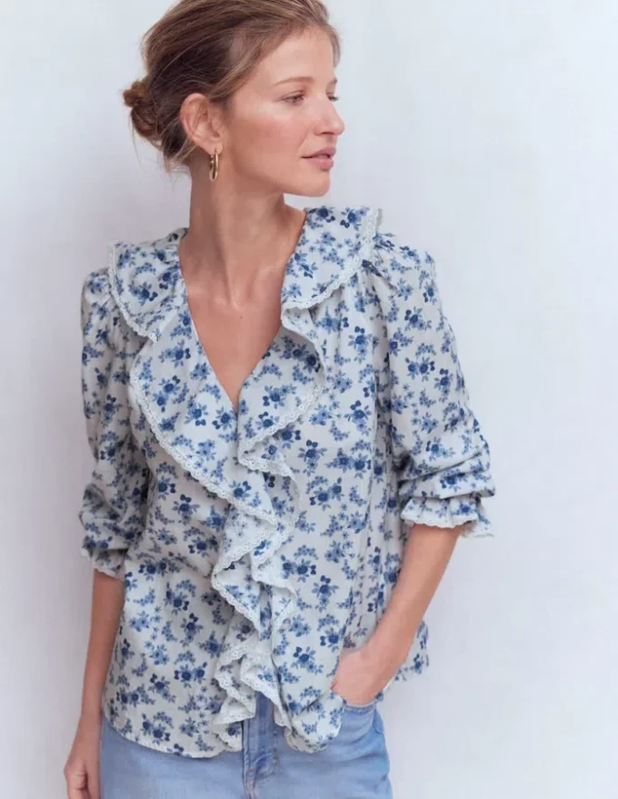 Eliza Ruffle V-Neck Blouse Tourmaline Blue, Dainty Vine Eliza Ruffle V-Neck Blouse Tourmaline Blue, Dainty Vine