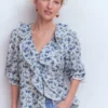 Eliza Ruffle V-Neck Blouse Tourmaline Blue, Dainty Vine Eliza Ruffle V-Neck Blouse Tourmaline Blue, Dainty Vine