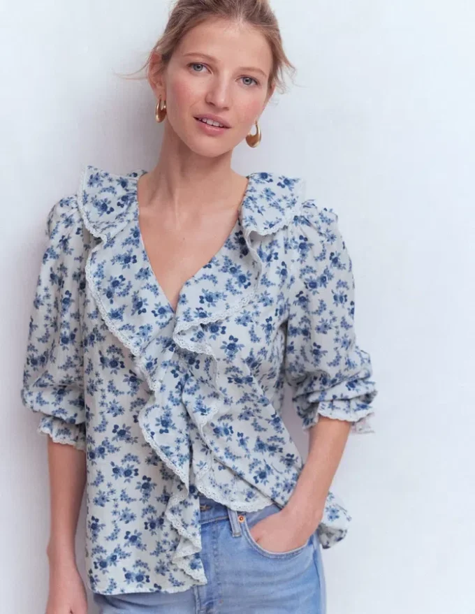 Eliza Ruffle V-Neck Blouse Tourmaline Blue, Dainty Vine Eliza Ruffle V-Neck Blouse Tourmaline Blue, Dainty Vine