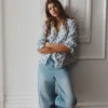 Eliza Ruffle V-Neck Blouse Tourmaline Blue, Dainty Vine Eliza Ruffle V-Neck Blouse Tourmaline Blue, Dainty Vine