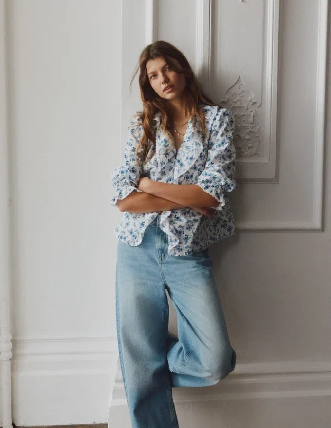 Eliza Ruffle V-Neck Blouse Tourmaline Blue, Dainty Vine Eliza Ruffle V-Neck Blouse Tourmaline Blue, Dainty Vine