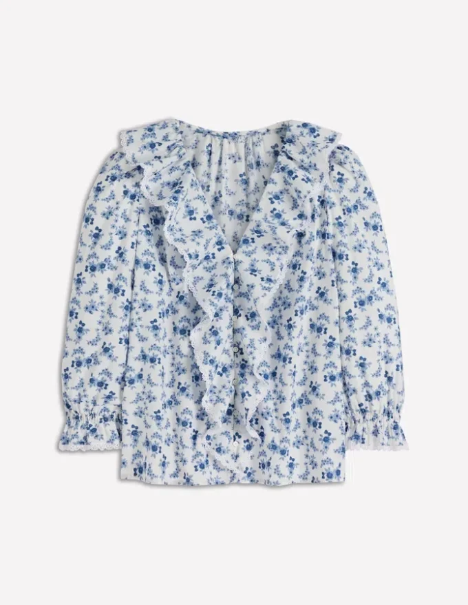 Eliza Ruffle V-Neck Blouse Tourmaline Blue, Dainty Vine Eliza Ruffle V-Neck Blouse Tourmaline Blue, Dainty Vine
