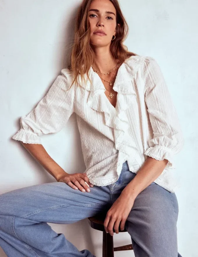 Eliza Ruffle V-Neck Blouse White Eliza Ruffle V-Neck Blouse White