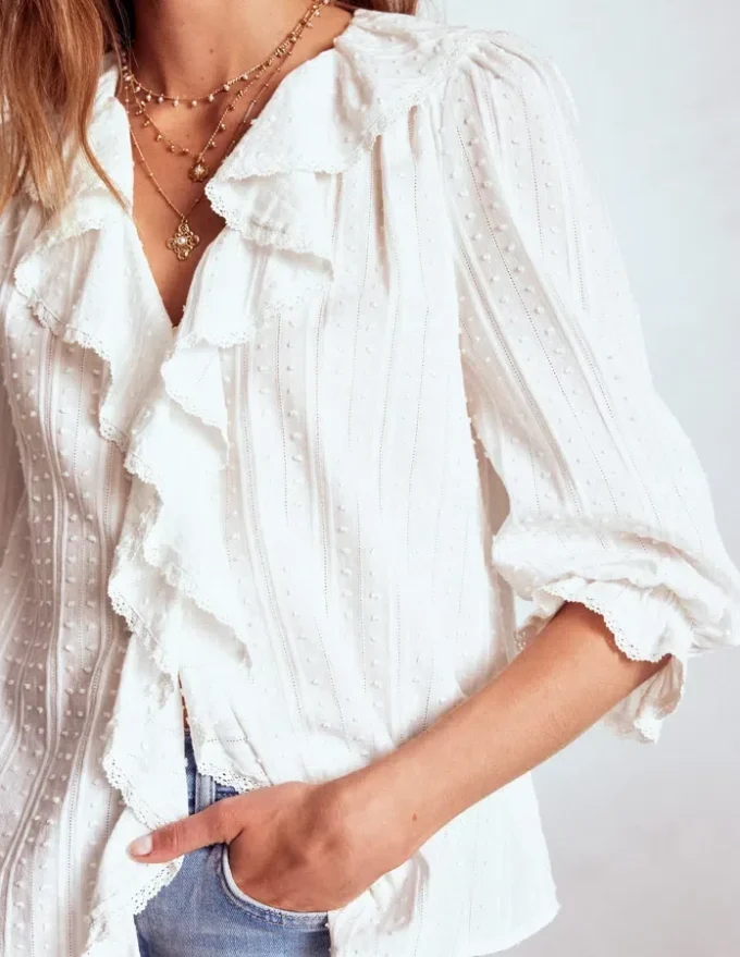Eliza Ruffle V-Neck Blouse White Eliza Ruffle V-Neck Blouse White