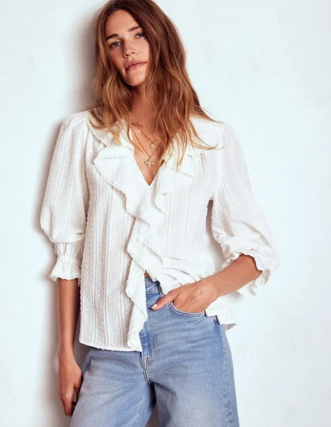 Eliza Ruffle V-Neck Blouse White Eliza Ruffle V-Neck Blouse White