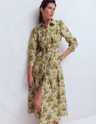 Ellie Cotton Maxi Shirt Dress Green Decorative Lattice