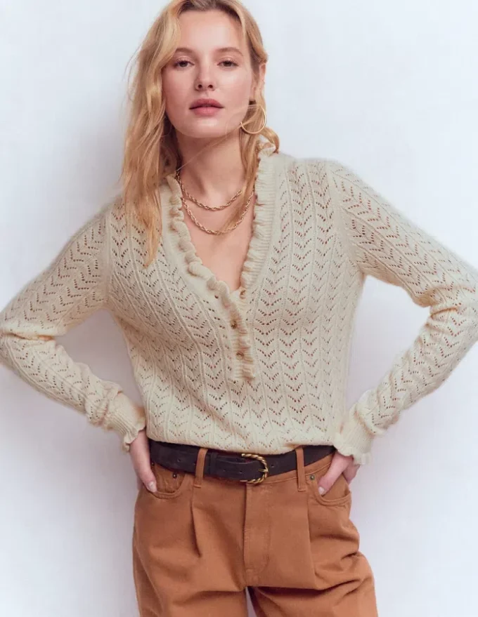 Eloise Frill Henley Jumper Warm Ivory Eloise Frill Henley Jumper Warm Ivory