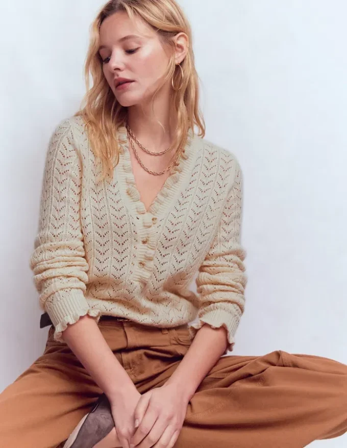 Eloise Frill Henley Jumper Warm Ivory Eloise Frill Henley Jumper Warm Ivory