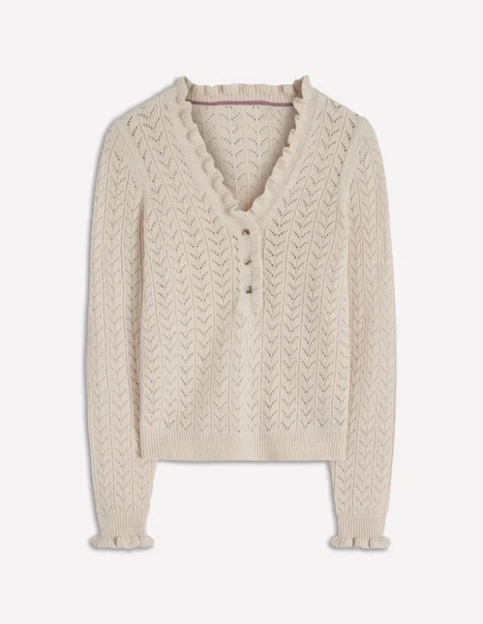 Eloise Frill Henley Jumper Warm Ivory Eloise Frill Henley Jumper Warm Ivory