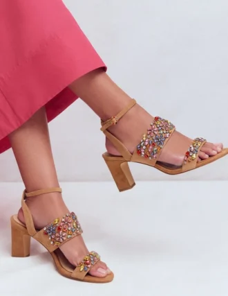 Embellished Block Heel Sandal Tan Embellished