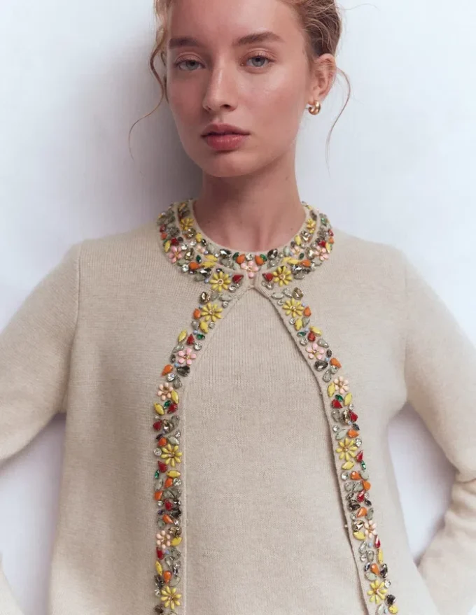 Embellished Knit Cardigan Chinchilla Melange Embellished Knit Cardigan Chinchilla Melange