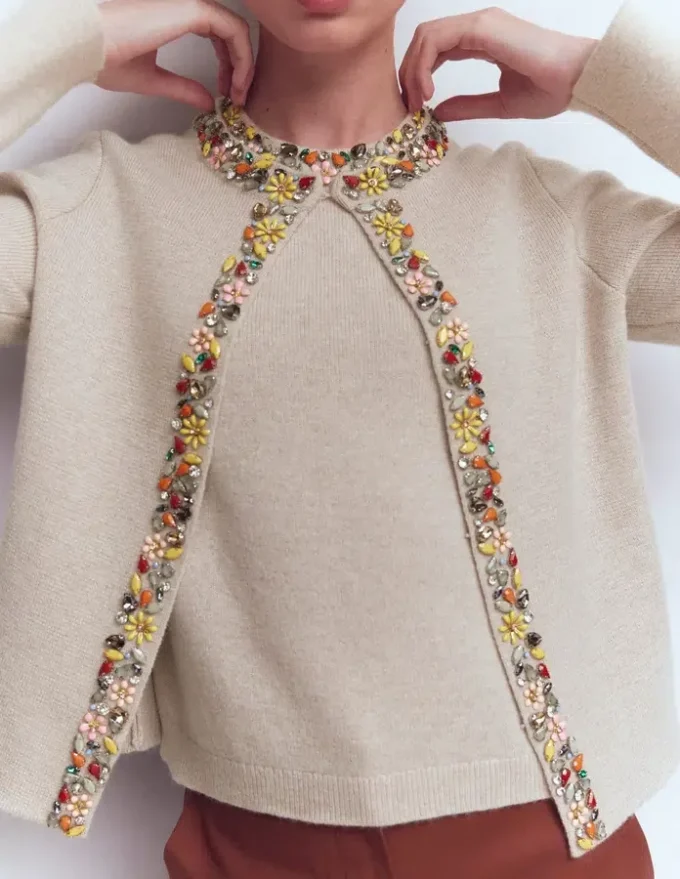 Embellished Knit Cardigan Chinchilla Melange Embellished Knit Cardigan Chinchilla Melange