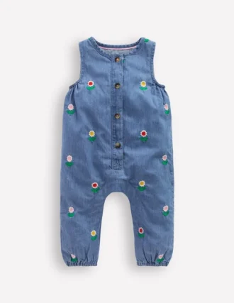Embroidered Chambray Romper Floral Embroidered Chambray