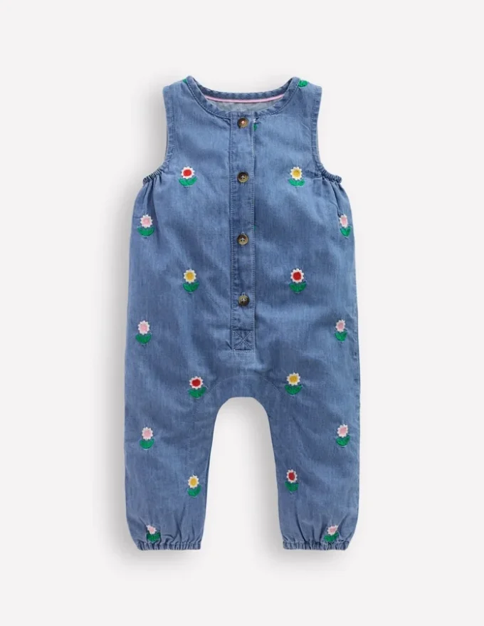Embroidered Chambray Romper Floral Embroidered Chambray