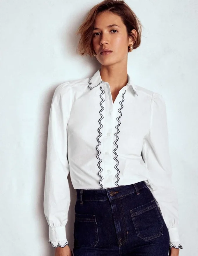 Embroidered Cotton Shirt White, Navy Embroidery Embroidered Cotton Shirt White, Navy Embroidery