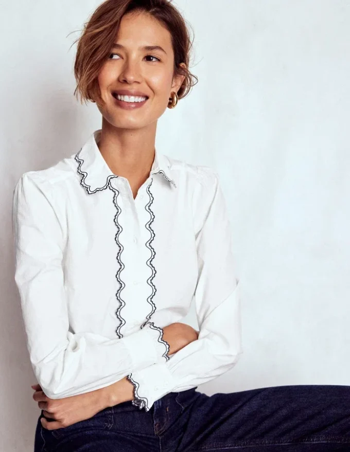Embroidered Cotton Shirt White, Navy Embroidery Embroidered Cotton Shirt White, Navy Embroidery