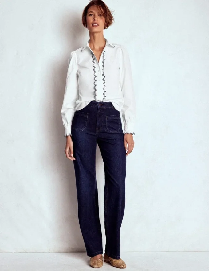 Embroidered Cotton Shirt White, Navy Embroidery Embroidered Cotton Shirt White, Navy Embroidery