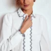 Embroidered Cotton Shirt White, Navy Embroidery Embroidered Cotton Shirt White, Navy Embroidery