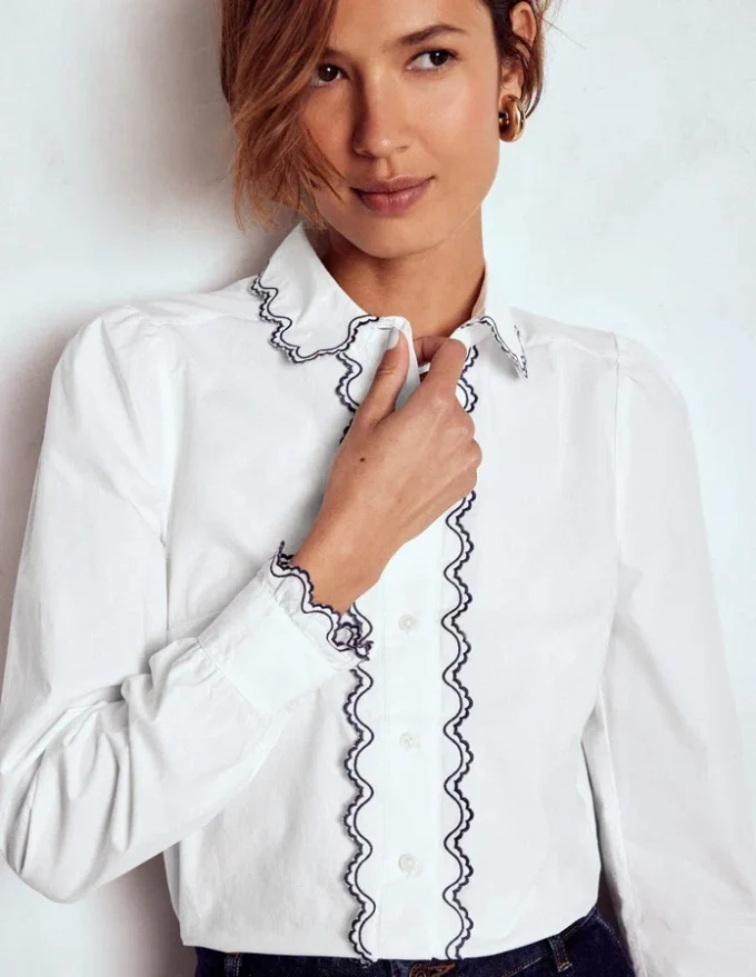 Embroidered Cotton Shirt White, Navy Embroidery Embroidered Cotton Shirt White, Navy Embroidery