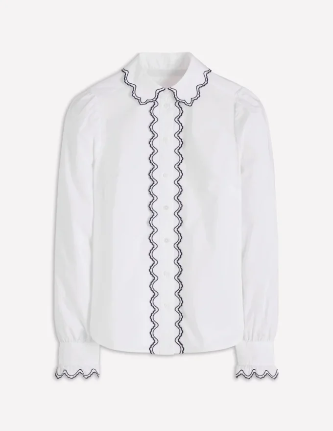 Embroidered Cotton Shirt White, Navy Embroidery Embroidered Cotton Shirt White, Navy Embroidery