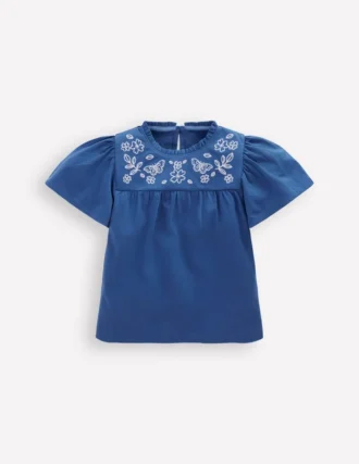 Embroidered Flutter Sleeve Top Sapphire Blue