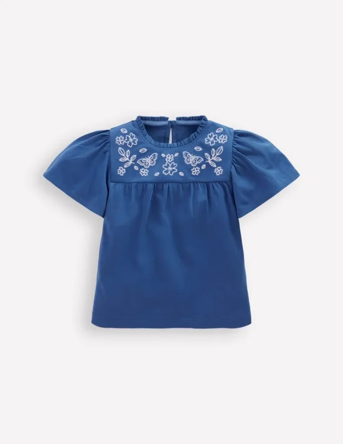 Embroidered Flutter Sleeve Top Sapphire Blue Embroidered Flutter Sleeve Top Sapphire Blue