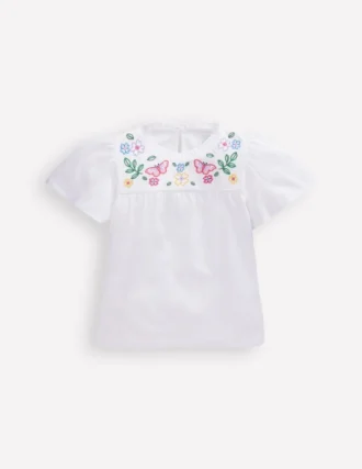 Embroidered Flutter Sleeve Top White