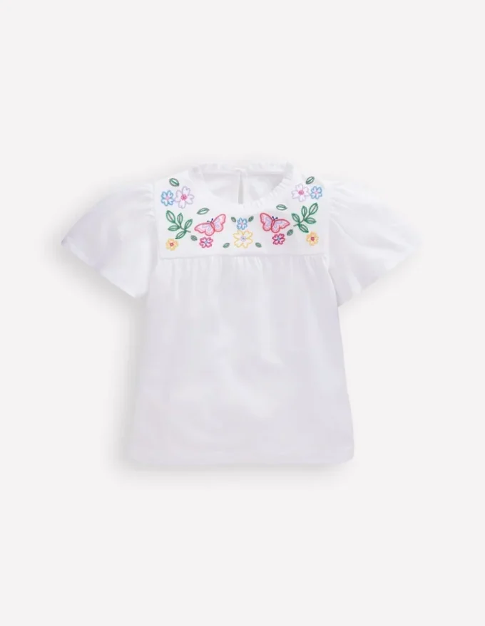Embroidered Flutter Sleeve Top White