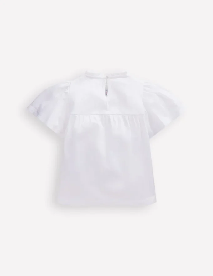 Embroidered Flutter Sleeve Top White