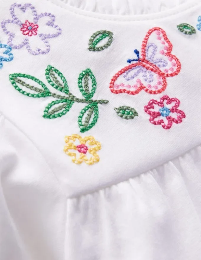 Embroidered Flutter Sleeve Top White