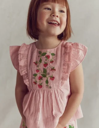 Embroidered Frilly Woven Top Lotus Strawberries