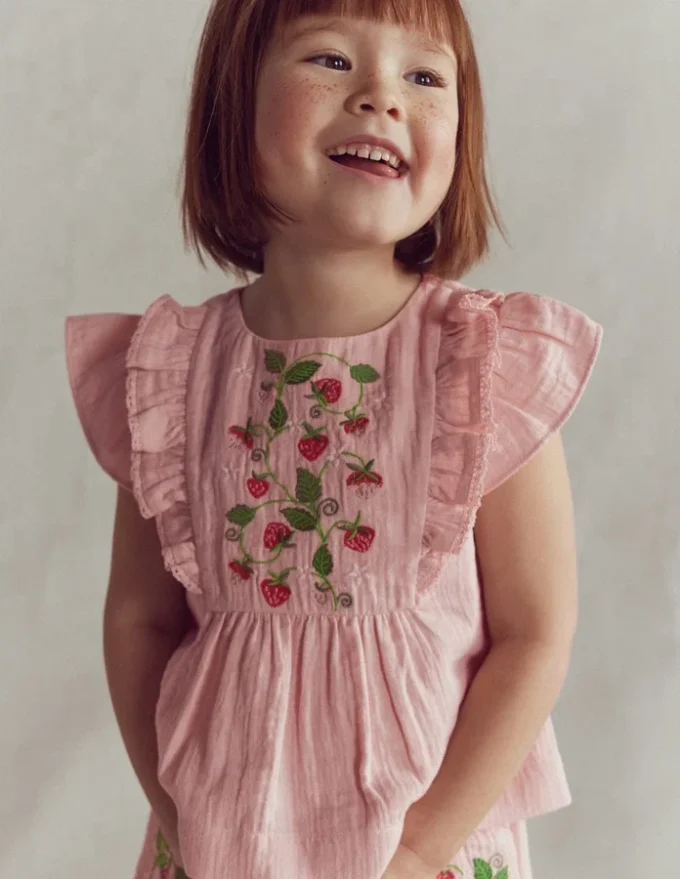 Embroidered Frilly Woven Top Lotus Strawberries Embroidered Frilly Woven Top Lotus Strawberries