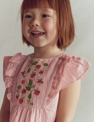 Embroidered Frilly Woven Top Lotus Strawberries
