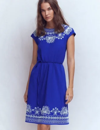 Embroidered Jersey Short Dress Bright Blue