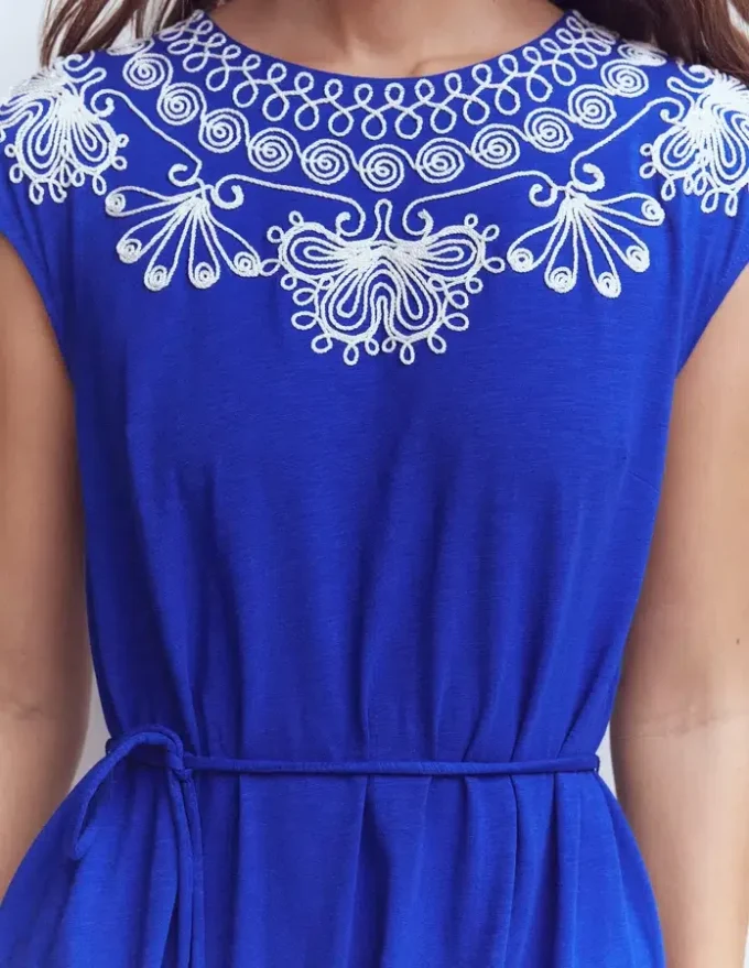Embroidered Jersey Short Dress Bright Blue Embroidered Jersey Short Dress Bright Blue