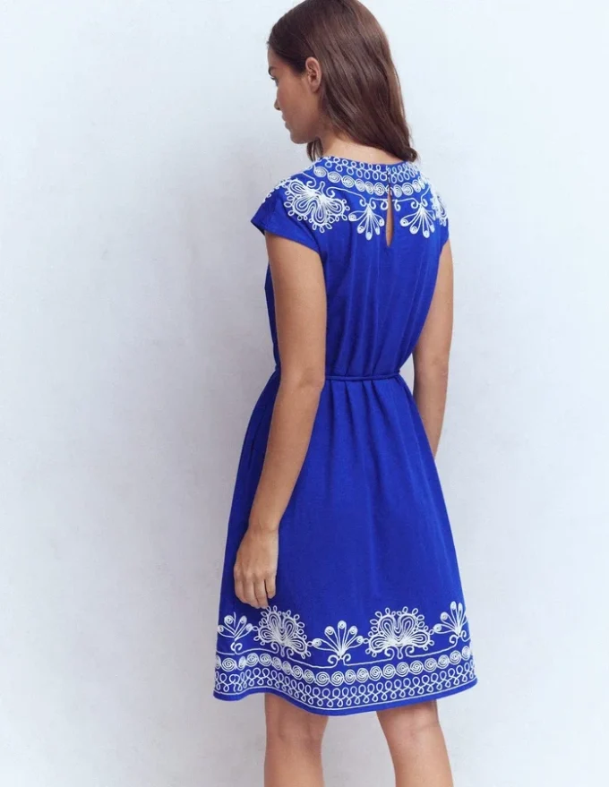 Embroidered Jersey Short Dress Bright Blue Embroidered Jersey Short Dress Bright Blue