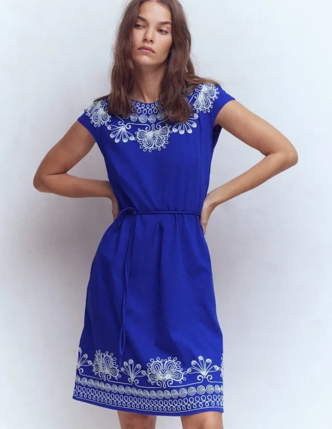 Embroidered Jersey Short Dress Bright Blue Embroidered Jersey Short Dress Bright Blue