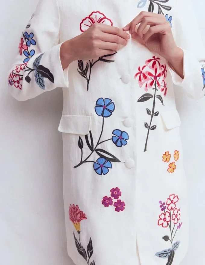 Embroidered Linen Coat Ivory Embroidered Embroidered Linen Coat Ivory Embroidered