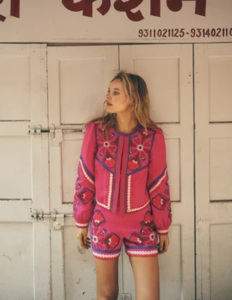 Embroidered Linen Jacket Pink Peony, Embroidered