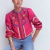 Embroidered Linen Jacket Pink Peony, Embroidered