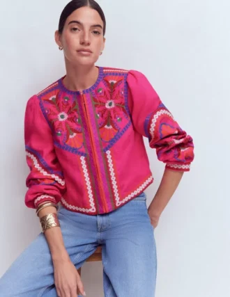 Embroidered Linen Jacket Pink Peony, Embroidered